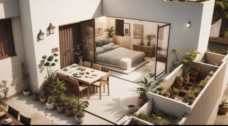 Um pequeno modelo de casa em plantas, com sala, cozinha, three bedrooms and balcony above a table, positioned on the right, arquitetura de estilo moderno, com planta baixa, Projeto 3D, realistic 3d render, Banner web