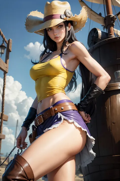 Photorealistic depiction of Niko Robin (from One Piece), a tall and slim but athletic woman with shoulder-length black hair. Her eyes are a striking blue, and she has a long and straight nose, slim and defined. Her legs are exceptionally long, complementin...