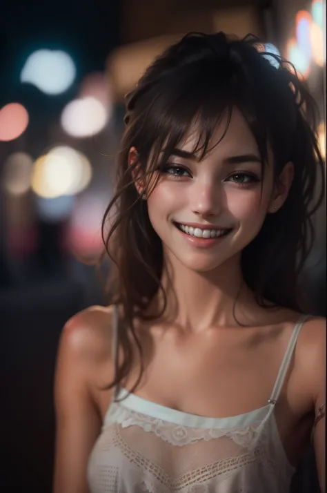 1girl, idol, model, depth of field, photo, film, face, skinny, smile, collarbone,  teeth, movie, camisole, selfie, night,