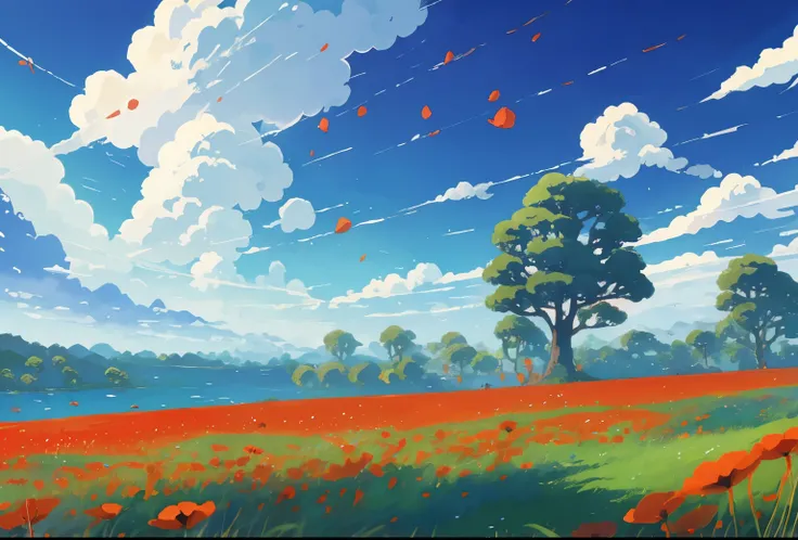 DVD screengrab from studio ghibli movie, beautiful countryside with poppies in the foreground, clouds on blue sky, designed by Hayao Miyazaki, retro anime