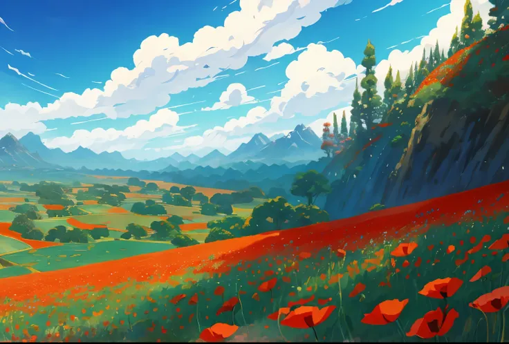 DVD screengrab from studio ghibli movie, beautiful countryside with poppies in the foreground, clouds on blue sky, designed by Hayao Miyazaki, retro anime