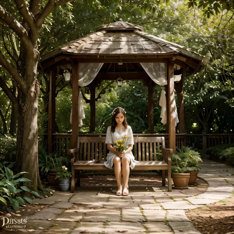 a girl in a beautiful garden, elaborately detailed flowers and plants, a serene atmosphere, soft sunlight filtering through the trees, delicate butterflies fluttering around, a small pond with crystal clear water, a gentle breeze rustling the leaves, birds...