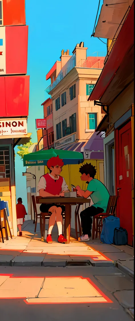 illustration of a street scene with people sitting at tables and walking, by Raphaël Collin, by Bernard D’Andrea, inspired by Tomer Hanuka, ( asaf hanuka ), by Asaf Hanuka, by Tomer Hanuka, by Clément Serveau, inspired by Asaf Hanuka, by Róbert Berény, fre...