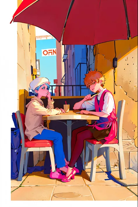 illustration of a street scene with people sitting at tables and walking, by Raphaël Collin, by Bernard D’Andrea, inspired by Tomer Hanuka, ( asaf hanuka ), by Asaf Hanuka, by Tomer Hanuka, by Clément Serveau, inspired by Asaf Hanuka, by Róbert Berény, fre...