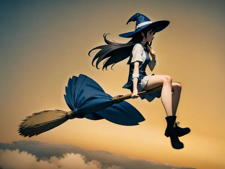 空飛ぶbroomレース, magical girl, witch hat, broom, broom riding, sitting, straddle, straddle the broom, 雲を疾走するmagical girl, desperate ...