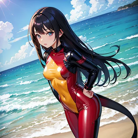 Asian dream girl anime style hyper realistic on the beach in latex costume