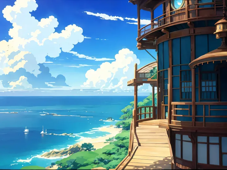 dvd screengrab from studio ghibli movie, beautiful seaside steampunk observatory interior, clouds on blue sky, designed by hayao...