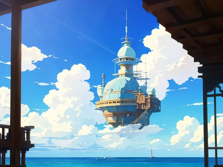 dvd screengrab from studio ghibli movie, beautiful seaside steampunk observatory interior, clouds on blue sky, designed by hayao...