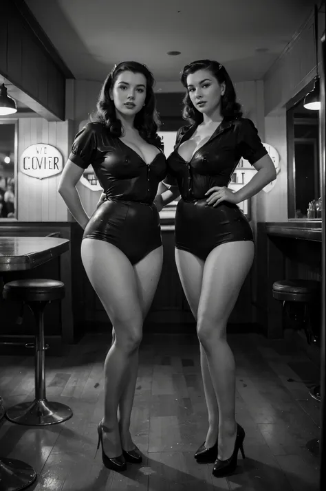 Impressive wartime pin-up girl images, (large tit:1.1), Dressed in retro costumes, Pose gracefully in a nostalgic 1940s bar. Black and white images add a vintage feel to the scene, Capturing the essence of iconic pin-up art and vintage aesthetics of the ti...