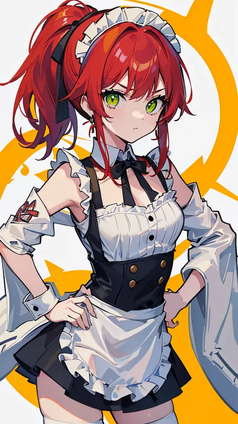 (8K、best image quality、highest quality、masterpiece)、detailed face、1 girl、Red hair、ponytail、yellow-green eyes、angry、earrings、small breasts、((maid))、off shoulder、short apron、miniskirt、Put your hands on your hips、Take from below、look down、cowboy shot、((white ...