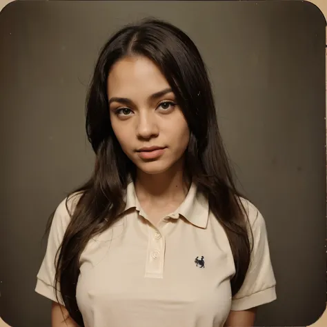 Photobooth photo of lightskinned woman with long dark hair, wearing a polo shirt, vintage photo booth style