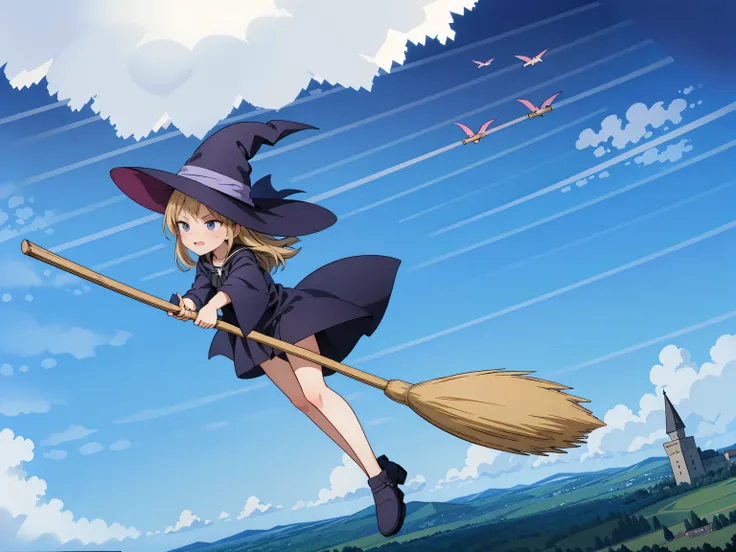 (A flying broom race between several witches:1.3), (multiple witches:1.1), 2、Three witches cling to brooms and fly through the sky, witch hat, (A witch flying at full speed through the clouds), (serious face: 1.3), (( Compete for speed with your rivals)), ...