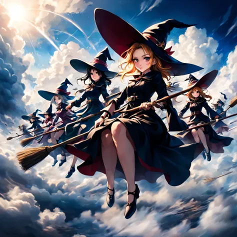 (Flying broomstick race by several witches), Two or three magical girls riding brooms, witch hat, broom, riding a broom, sitting, straddle, straddle a broom, (Magical girls running through the clouds), (serious face: 1.3), (( Compete for speed with your ri...