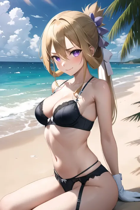 masterpiece, best quality, highres, high_definition, very long hair, a beach, 1girl, solo, a woman in a sexy bridal lingerie, white glove, sexy pose, blush, little smile, bangs, hair_between_eyes, purple eyes, blond hair, ponytail, medium_breasts, sexy lin...