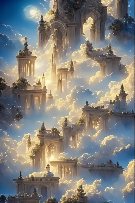 cloud world, angels flying around, majestic gates and pillars, the sun and moon and stars, in heaven, 
masterpiece, best quality...