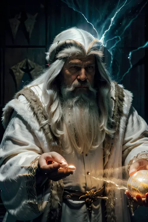 (obra de arte: 1.2), (melhor qualidade), detalhado, Ultra HD, cinematic lighting, sharp focus, (illustration: 1.1), Intricado, mago antigo (com longos cabelos brancos e barba, wearing a wizards robe and hat, Ponderando um orbe brilhante, Em uma sala mal il...