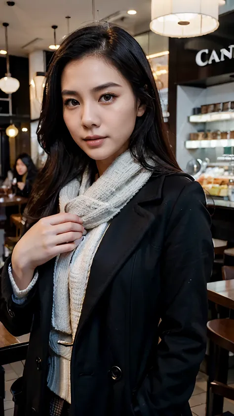 30 years old Hong Kong beautiful woman in cafe, black overcoat, white scarf, hyper realistic, realistic skin tone, realistic skin texture, symmetric face, asian pale skin tone, very low contrast photo, black long hair, 34D cup chest