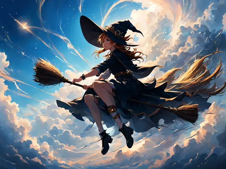 空飛ぶbroomレース, Magical girl, witch hat, broom, broom riding, sitting, straddle, straddle the broom, 雲を疾走するMagical girl., From the side, blue sky, (masterpiece), (highest quality), (Ultra high definition)