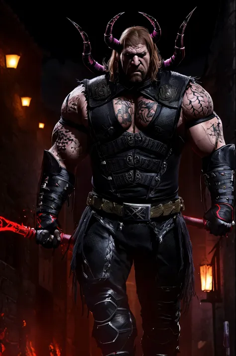 A scary demon (black scorpion themed demon|WWE wrestler Triple H) is in a medieval Romanian village at night, he is flexing and looking scary, show all of him head to toe