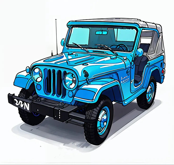 A vibrant blue Jeep from the 1960s, in excellent condition, with black roof and doors for a touch of classic elegance., estilo neon, Linhas suaves, arte do adesivo do vetor, vector kernel, detalhes intrincados, fundo branco , 8k