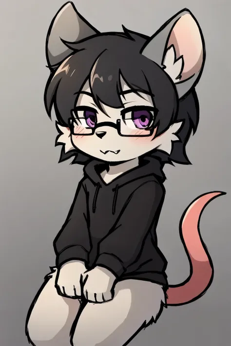 best quality，hairy，superfine fur，purple eyes，solo，male，全身hairy，fluffy fur，black hair，White paws，gray fur，Gray ears，black glasses，Gray tail，red striped，swept bangs，boring，fang，shaded，mouse ears，black eye shadow，medium hair，hairy雄性，anime style，Lovely，Black s...