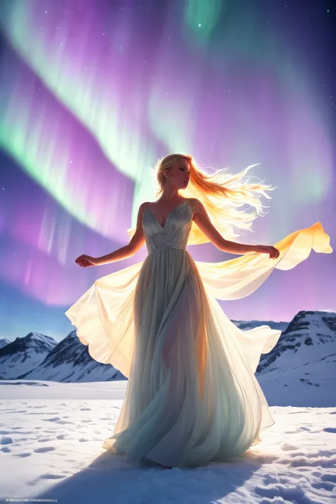 arafed woman in a long dress dancing in the snow, blonde girl in a cosmic dress, with aurora borealis in the sky, wearing a flowing dress, flowing gown, glowing aura around her, aurora in the sky, flowing dress, by Alexander Kucharsky, miss aniela, glowing...