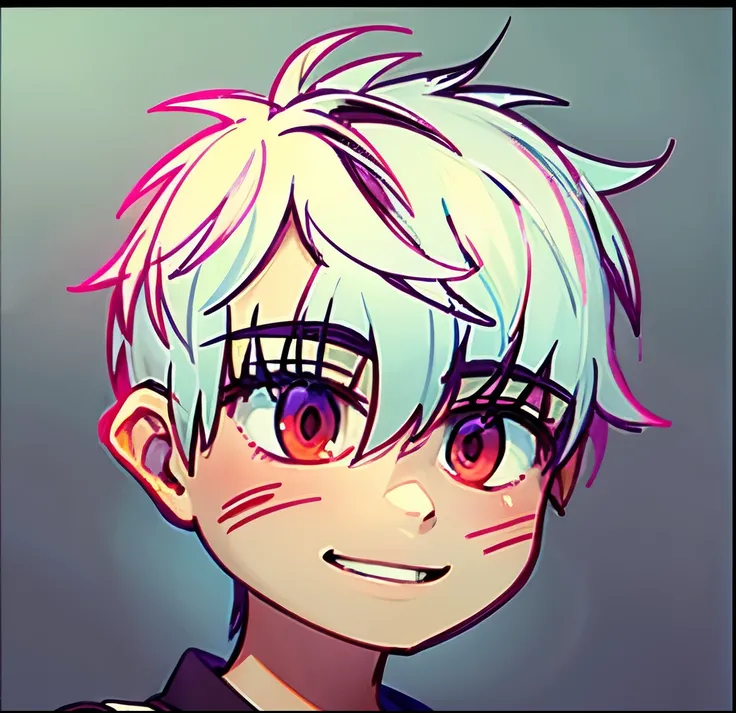 Boy, cute boy , asian boy, ((white)) hair, ((pink)) eyes, happy smile, 