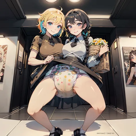 (masterpiece, best quality), best resolution, (two heads:1.5), (conjoined_dicephalus), blonde and black hair, short hair, multicolored eyes, stern, braids, white diaper, dyed hair, facing viewer, smile, (solo), (diaper fetish:1.2), tan and white skin, 