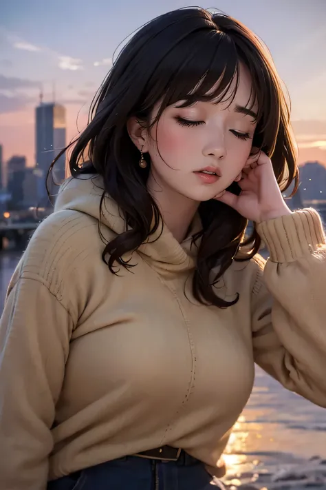 high-definition images, atmospheric perspective, 8k, super detail, accurate, best quality, a woman, see the Manhattan from across the river, winter clothes, looking away, angle from below, (drooping eyes, realistic skin), (sleepy face), earrings, many peop...