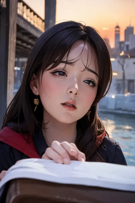 high-definition images, atmospheric perspective, 8k, super detail, accurate, best quality, a woman, see the Manhattan from across the river, winter clothes, looking away, angle from below, (drooping eyes, realistic skin), (sleepy face), earrings, many peop...