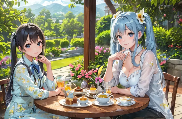 highest quality、masterpiece:1.2)、(realistic、Photoreal:1.37)、light blue long hair、Beautiful girl with twin tails、愛らしいsmile、 1 beauty、18-year-old、solo、beautiful and detailed sky、Detailed cafe in a flower-filled garden、Orchid Garden、cute teapot、Enjoying after...