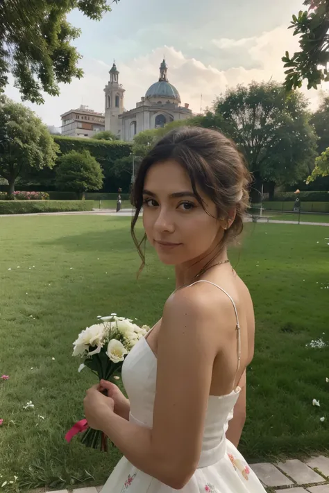 creates a hand taking a small bouquet of flowers and some park in the background, que solo salga la mano y flores, como si fuera tomada por alguien mas, que la perspectiva sea la de la camara