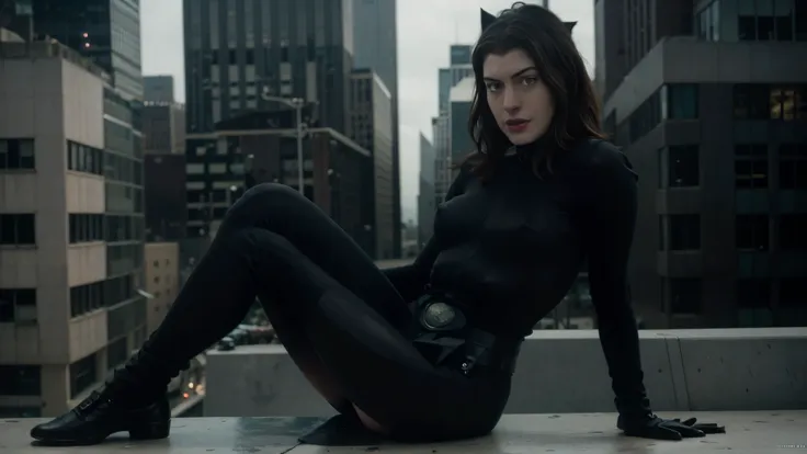 anne hathaway as catwomen,catwomen suit, near buildings, smiling, sitting on the building's parapet, legs crossed, arms crossed,...