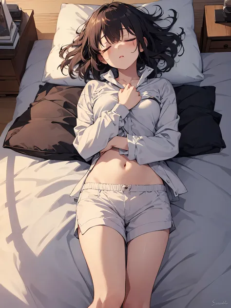 Super best quality by Makoto Shinkai, super detailed, High resolution, AI generated, anime moe art style, best anime 8K konachan wallpaper, pixiv contest winner, perfect anatomy, break,(Please draw a picture of a girl sleeping on the bed in her room.. )ful...