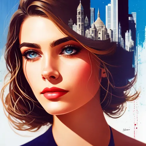 Close-up, double exposure close-up of Paris cityscape on the head of a femme fatale, arte de linha por Beeple, retrato de um androide feminino, beautiful illustration, neural, rosto detalhado do androide,  oil paint