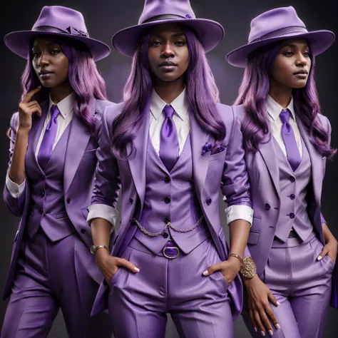 three women in purple suits and hats posing for a picture, purple skin, purple skin color, trendin on artstation, violet skin, purple outfit, 3 d render character art 8 k, girl in a suit, girl in suit, a purple suit jacket, dressed in purple, purple clothe...