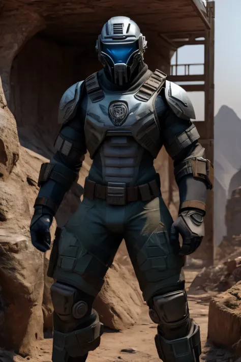 a combined soldier from half-life,Realistic, On a Cliffside watching an abandoned town, wear standard-issue blue and grey camo body armor over their torsos with padding on their arms, thighs, and groin. Several insignia can be found worn on their arm pads,...