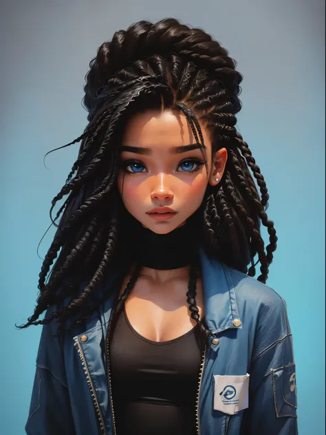 , bonita e fofa, street, dreads amarrados, Dark blue oculus, usando touca e roupas leves, babyface, estilo Chibi digital, cabelos bicolores e preto, azul e preto claro, olhos de detalhe perfeito, rosto delicado, CG perfeito, Qualidade de imagem HD, fundo s...