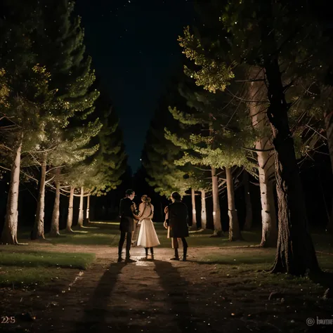 Obra de teatro en el bosque en la noche, muchos arboles, en la obra hombres vestidos de caballeros mediaveles, la gente mirando a la obra, illuminated with warm lights