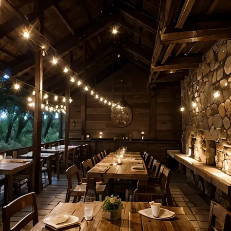 Gran restaurante rustico, de madera, en el bosque, con luces calides, adornado con esculturas de madera de mujeres con grandes alas de mariposa