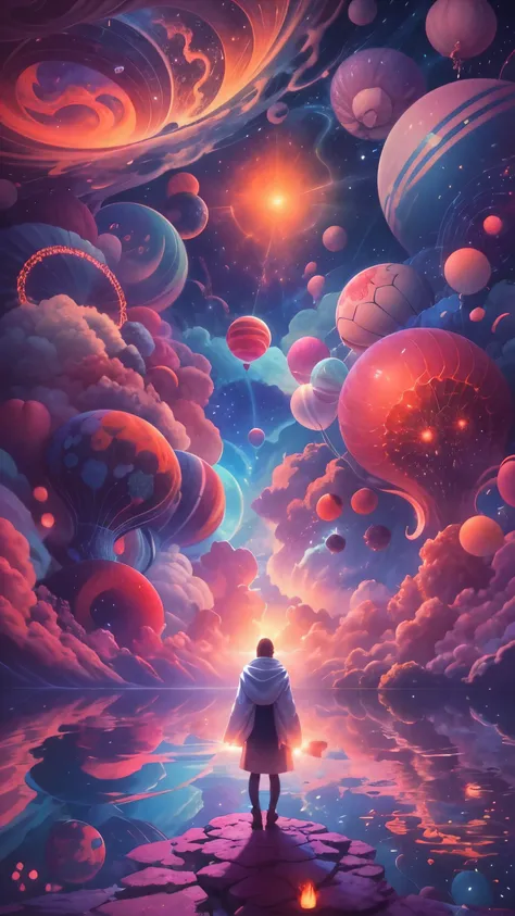 Obra maestra, 4k, Ultra Resolution, Best image resolution, Stunning illustration depicting a persons inner universe, mostrando sus pensamientos, Emotions and dreams in a surreal and magical landscape. Use vivid colors and meaningful symbols to reflect the ...