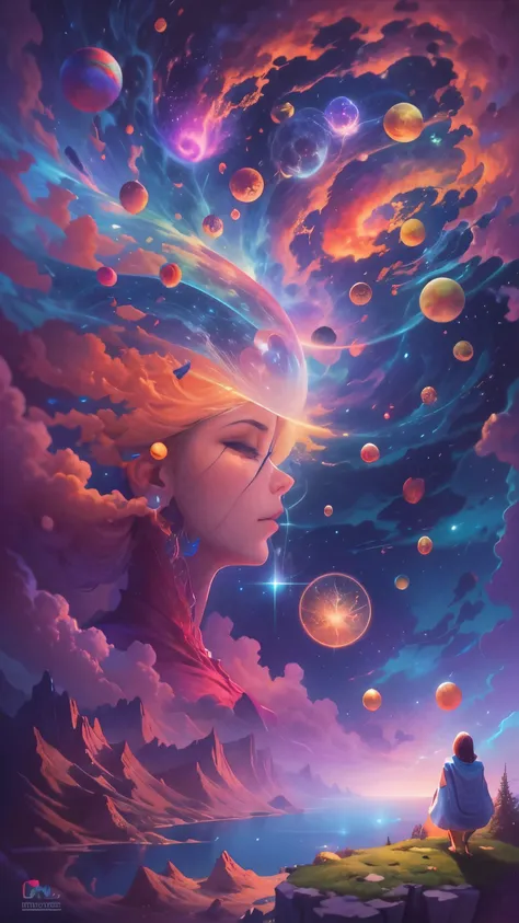 Obra maestra, 4k, Ultra Resolution, Best image resolution, Stunning illustration depicting a persons inner universe, mostrando sus pensamientos, Emotions and dreams in a surreal and magical landscape. Use vivid colors and meaningful symbols to reflect the ...