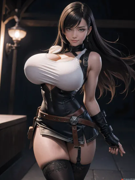 (8k, best quality, masterpiece:1.2), (realistic, photo-realistic:1.37), (full body), standing, legs apart, ultra-detailed, 1 girl,cute, solo, (tifa lockhart), (huge breasts:1.5),(beautiful detailed eyes), (smile:1.2), (closed mouth), erotic pose, sharp foc...