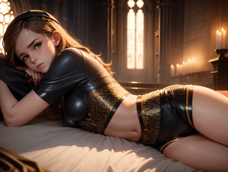 "teen emma watson in a seductive nun outfit lying on a bed. tight and intricate gold short dress. crop top. slender physique. night-time cathedral backdrop. leather shorts. cinematic lighting."
