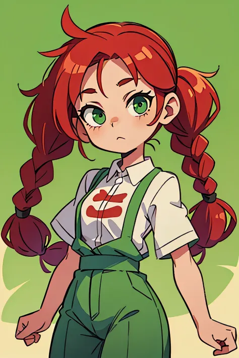 age ten, long and red hair, often with braids or pigtails, big and green eyes