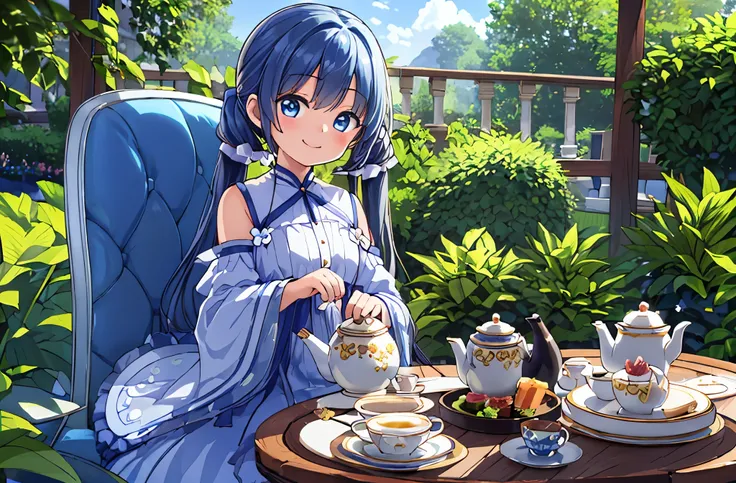 highest quality、masterpiece:1.2)、(realistic、Photoreal:1.37)、blue long hair、Beautiful girl with twin tails、愛らしいsmile、 1 beauty、18-year-old、solo、beautiful and detailed sky、Detailed cafe in a flower-filled garden、Orchid Garden、cute teapot、Enjoying afternoon t...