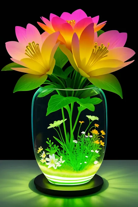 uma flor digital, made up of several plastic pieces in different shapes and different colors and is planted in a vase filled with green amber with bioluminescence, backgroun ou fundo uma estufa futurista