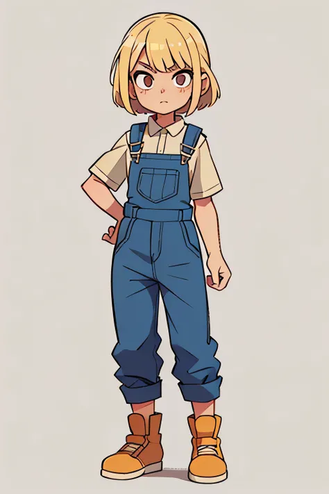 male, age eleven, blond bob hair, large brown eyes, full body, wearing overalls