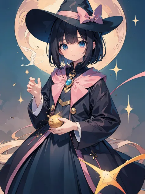 One length bob cut braided black hair，light pink magician hat，dark blue witch，Cute and pretty girl
