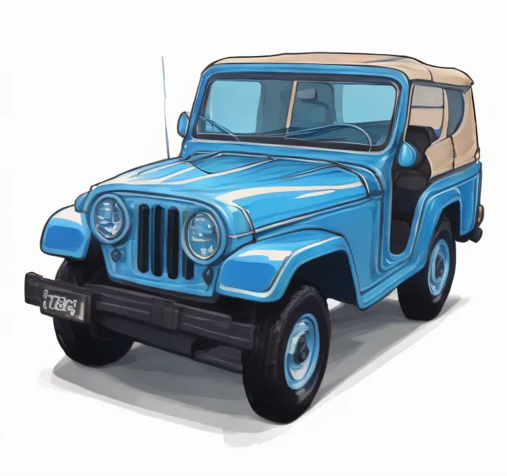 drawing of a jeep from the 1960s, The vibrant blue vehicle, possui portas e teto na cor preta, with a jet of water coming out of it, in illustration style digital, Retro illustration, arte vetorial limpa, arte vetorial detalhada, cartoon style illustration...